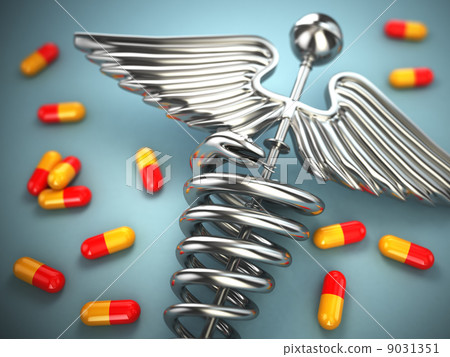 Pills and caduceus pharmacy symbol on white isolated background. Pills and caduceus pharmacy symbol on white isolated background. 9031351