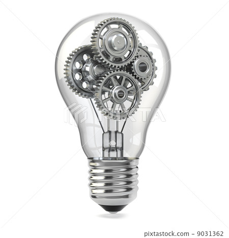 Lamp bulb and gears. Perpetuum mobile idea concept. 9031362