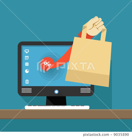 Internet shopping illustration. Hand with shopping bag 9035890