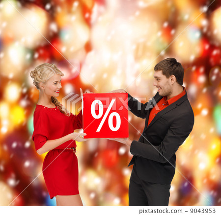 smiling woman and man with red percent sale sign 9043953