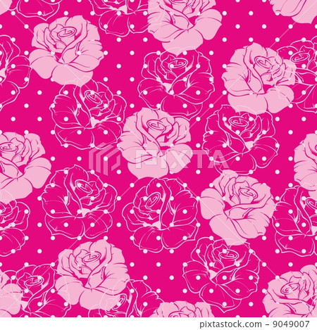 Seamless vector floral pattern with pink and roses on sweet pink background with white polka dots Seamless vector floral pattern with pink and roses on sweet pink background with white polka dots 9049007