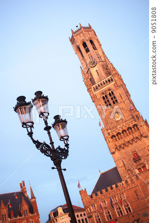 Belfry bell tower on sunset in Bruges, Belgium 9051808