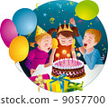 Child's birthday party - kids having fun, blowing candles on cake. Vector illustration 9057700