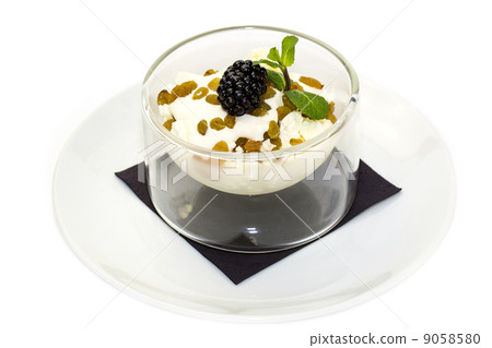 cottage cheese with sour cream and raisins on a white background 9058580