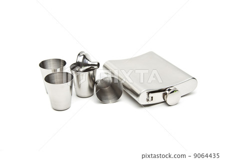Hip flask and cups with white background Hip flask and cups with white background 9064435