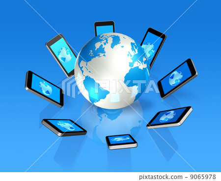 3D mobile phones around a world globe 3D mobile phones around a world globe 9065978