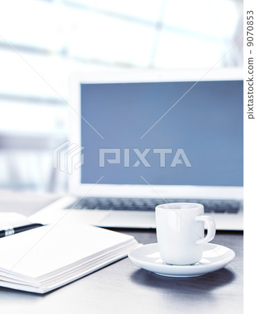 work desk with a cup of coffee computer laptop, notebook, pen work desk with a cup of coffee computer laptop, notebook, pen 9070853