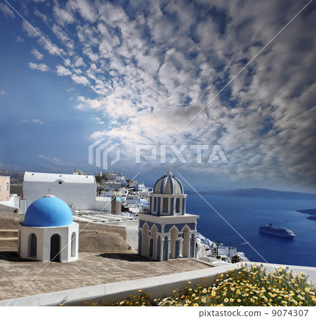 Santorini with Traditional Church in Fira, Greece Santorini with Traditional Church in Fira, Greece 9074307