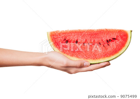 Female hand with a watermelon. White background 9075499