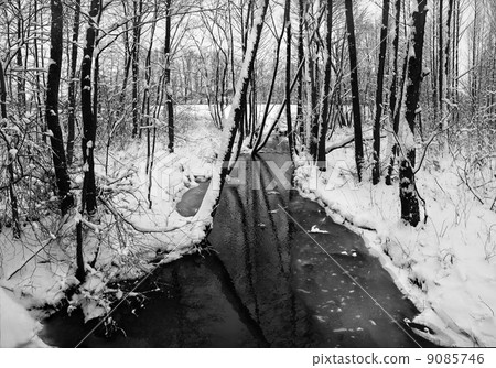 Winter landscape with small river. 9085746
