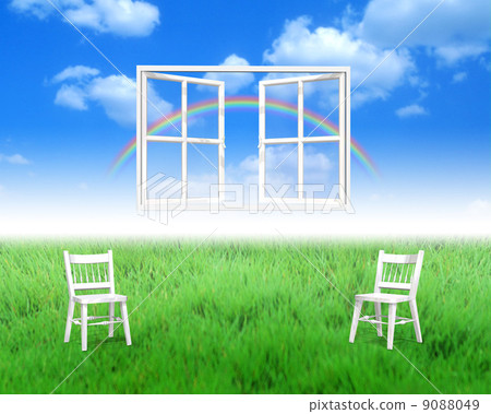 Blue sky visible from the window and indoor chair 9088049