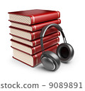 Books with audio headphones. 3D Icon isolated on white backgroun 9089891
