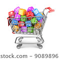 Shopping cart with app icons. 3D Isolated on white background 9089896