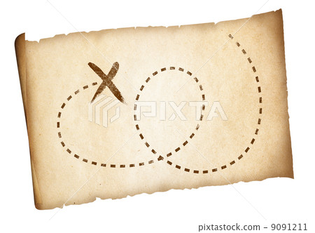 Simple old treasure pirates map with marked path and location 9091211