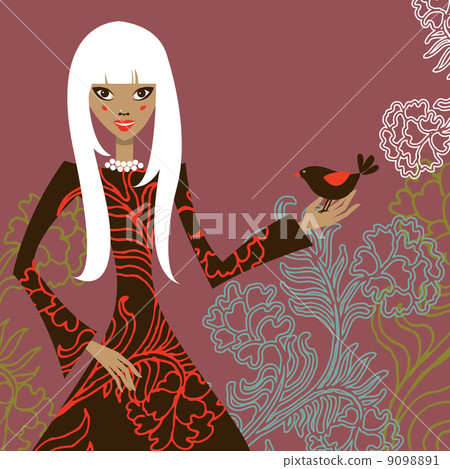 Beautiful girl in flowers and bird 9098891