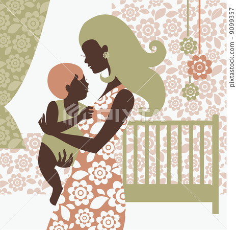 Beautiful mother silhouette with baby in children's room Beautiful mother silhouette with baby in children's room 9099357