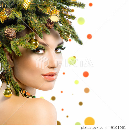 Christmas Woman. Christmas Holiday Hairstyle and Makeup 9101061