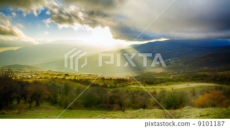 Rural landscape with sun rays Rural landscape with sun rays 9101187