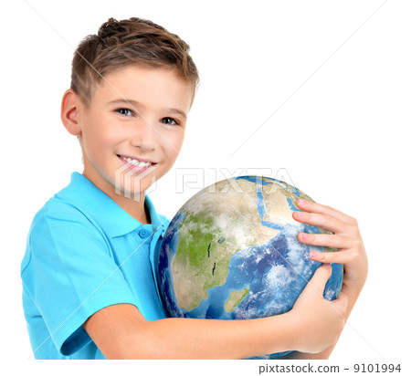 Smiling boy in casual holding planet earth in hands Smiling boy in casual holding planet earth in hands 9101994