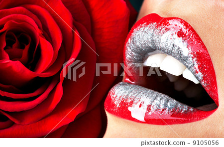 beautiful female lips with shiny lipstick and red rose beautiful female lips with shiny lipstick and red rose 9105056