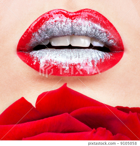 beautiful female lips with shiny lipstick and red rose beautiful female lips with shiny lipstick and red rose 9105058