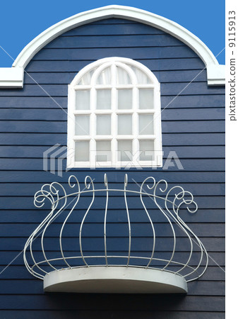 white window with terrace on blue wood wall white window with terrace on blue wood wall 9115913