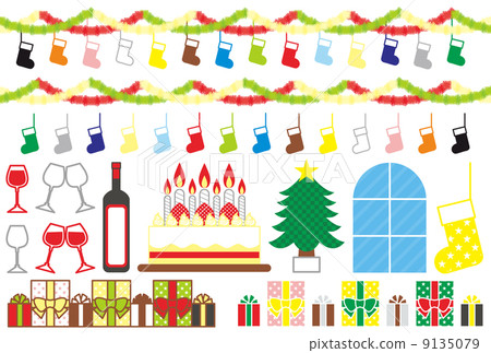 Illustration cut material collection for Christmas (socks · decorations · wine · cake · Christmas tree · gift) Colorful 9135079