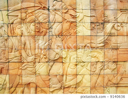 Thailand art stone wall in temple, Thailand temple 9140636