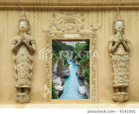 Natural forest in Thai temple window 9141091