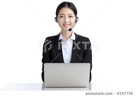 Career woman customer service officer using microphone headset indoor studio white background Career woman customer service officer using microphone headset indoor studio white background 9147756