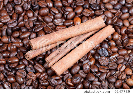 cinnamon bark on roasted coffee beans 9147789