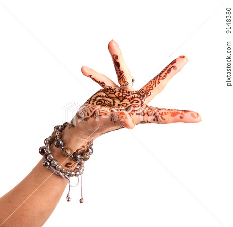 Female hand gesture of oriental dance. Female hand with henna pa 9148380