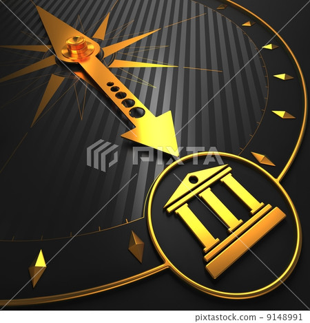 Golden Building with Columns on Black Compass. 9148991