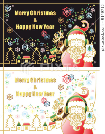 Illustration for Christmas "Santa Claus listening to music and reindeer gifts" 2 pattern set 9149713