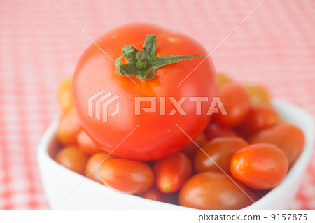 cherry tomatos and tomatos in bowl on checkered fabric cherry tomatos and tomatos in bowl on checkered fabric 9157875