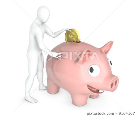 Abstract white guy puts coin into piggy bank 9164167