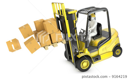 Overloaded yellow fork lift truck falling forward Overloaded yellow fork lift truck falling forward 9164219