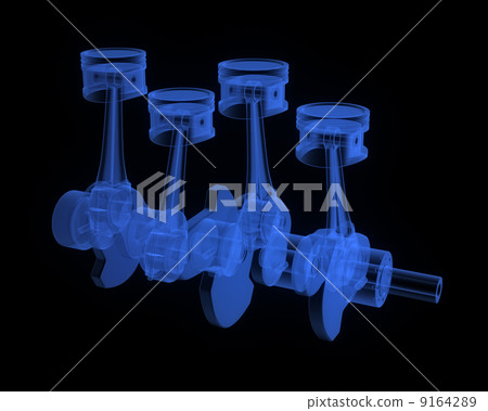 Engine pistons on a crankshaft, blue x-ray version Engine pistons on a crankshaft, blue x-ray version 9164289