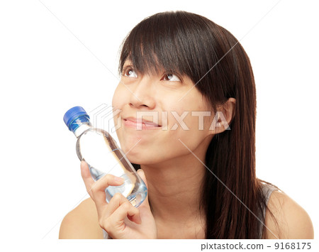 chinese girl looking up with bottle water chinese girl looking up with bottle water 9168175