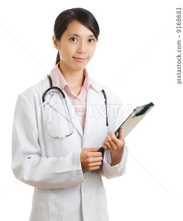 young female doctor with patient file chart 9168681