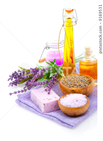 Lavender, bath salt, oil, isolated on white background Lavender, bath salt, oil, isolated on white background 9169531