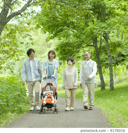 Three generation family walking in fresh green Three generation family walking in fresh green 9176016