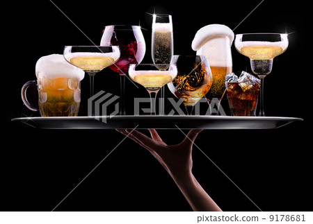set with different drinks on black background set with different drinks on black background 9178681