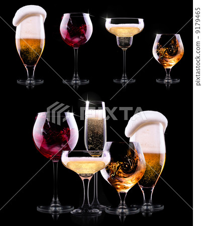 set with different drinks on black background set with different drinks on black background 9179465