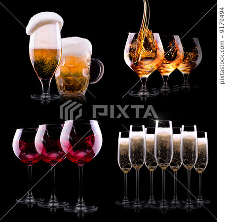 set with different drinks on black background 9179494