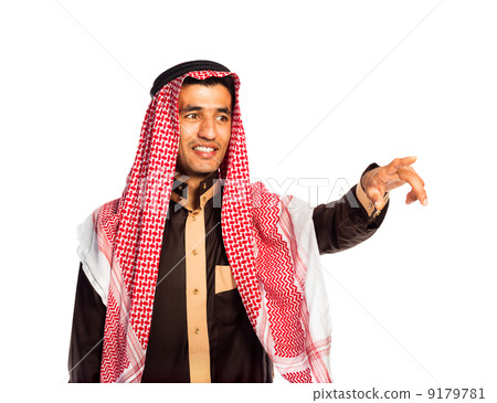 Arab man pressing virtual button on white Arab man pressing virtual button on white 9179781