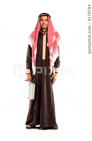 Young smiling arab with a aluminum case isolated on white Young smiling arab with a aluminum case isolated on white 9179784