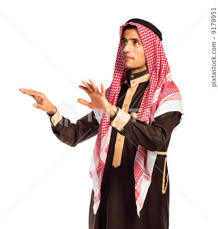 Arab man pressing virtual button on white Arab man pressing virtual button on white 9179951