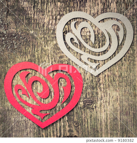 Two Paper Heart Ornamental Shape on wood Two Paper Heart Ornamental Shape on wood 9180382