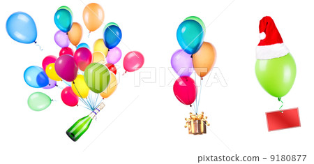 gift, champagne and blank card on color balloons gift, champagne and blank card on color balloons 9180877